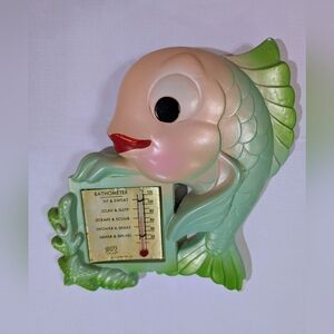 Vintage Miller Studio Chalkware Fish Bathometer Wall Plaque of Green & Pink